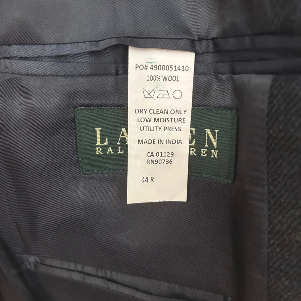 Lauren Ralph Lauren Mens 44R Deep Blue‎ Wool Blazer Heritage Brown Elbow Patches